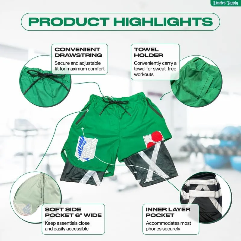 CROWN Anime Shorts - Breathable Stretch Compression Gym Short with Pockets and Towel Holder
