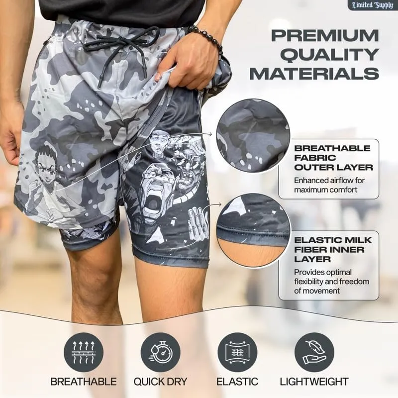CROWN Anime Shorts - Breathable Stretch Compression Gym Short with Pockets and Towel Holder