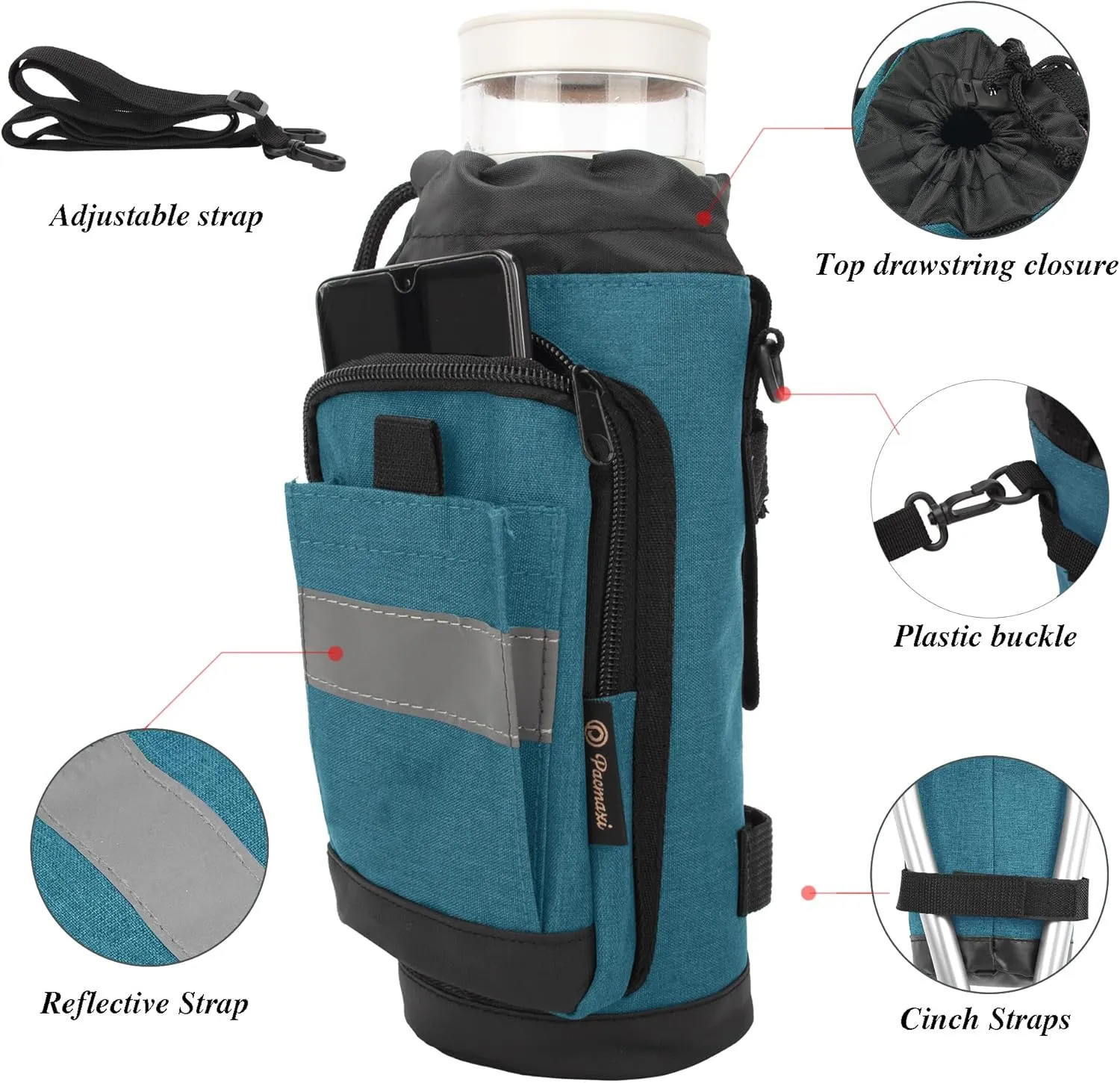 Crutch Bag Lightweight Crutch Accessories Storage Pouch with Reflective Strap and Front Zipper Pocket for Universal Crutch Bag to Keep Item Safety (Blue)