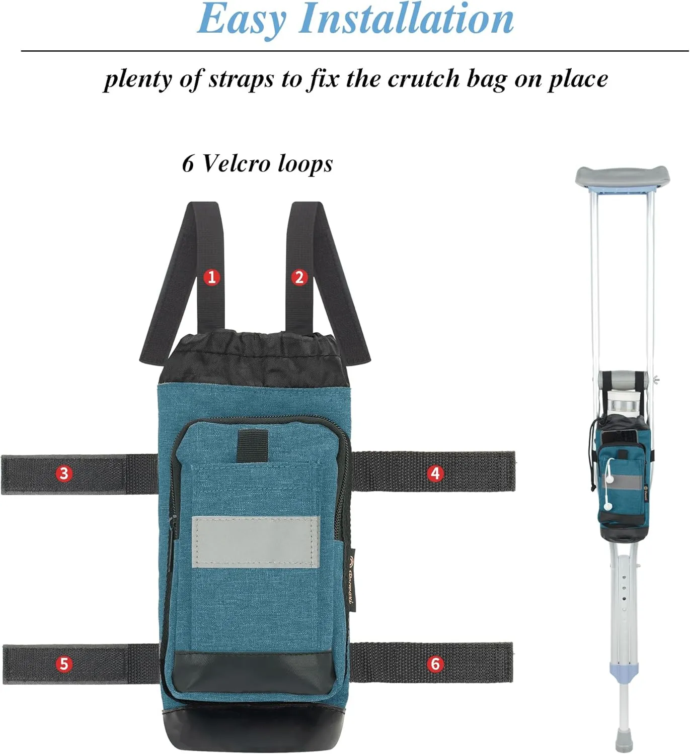 Crutch Bag Lightweight Crutch Accessories Storage Pouch with Reflective Strap and Front Zipper Pocket for Universal Crutch Bag to Keep Item Safety (Blue)