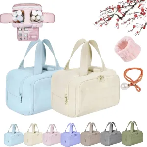 Cureaway Travel Cosmetic Bag, Curetoaway Large Capacity Wide-Open Travel Cosmetic Bag, 4-in-1Travel Makeup Bags For Women With 4 Compartments And Handle, Waterproof Organizer (Beige Blue)