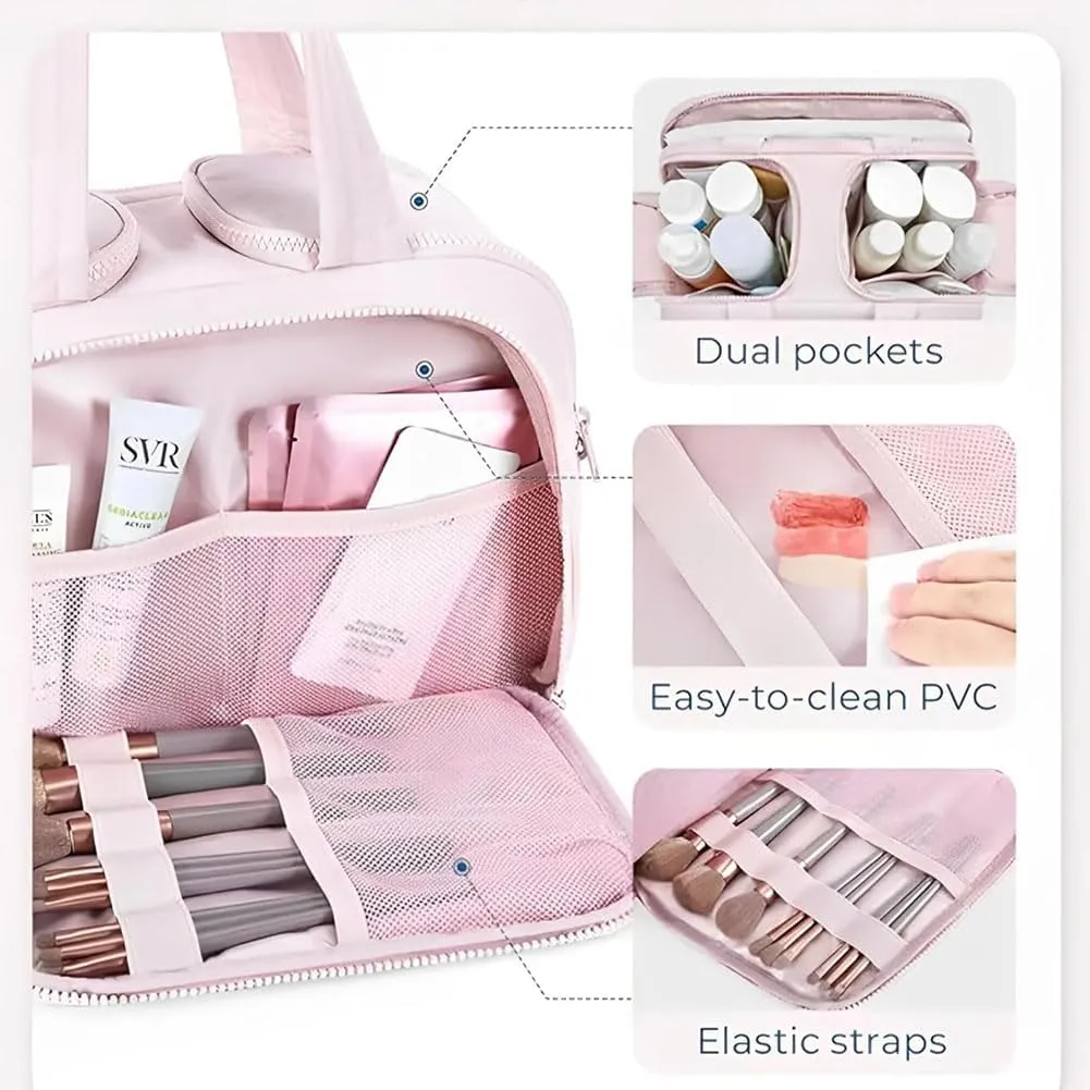 Cureaway Travel Cosmetic Bag, Curetoaway Large Capacity Wide-Open Travel Cosmetic Bag, 4-in-1Travel Makeup Bags For Women With 4 Compartments And Handle, Waterproof Organizer (Beige Blue)