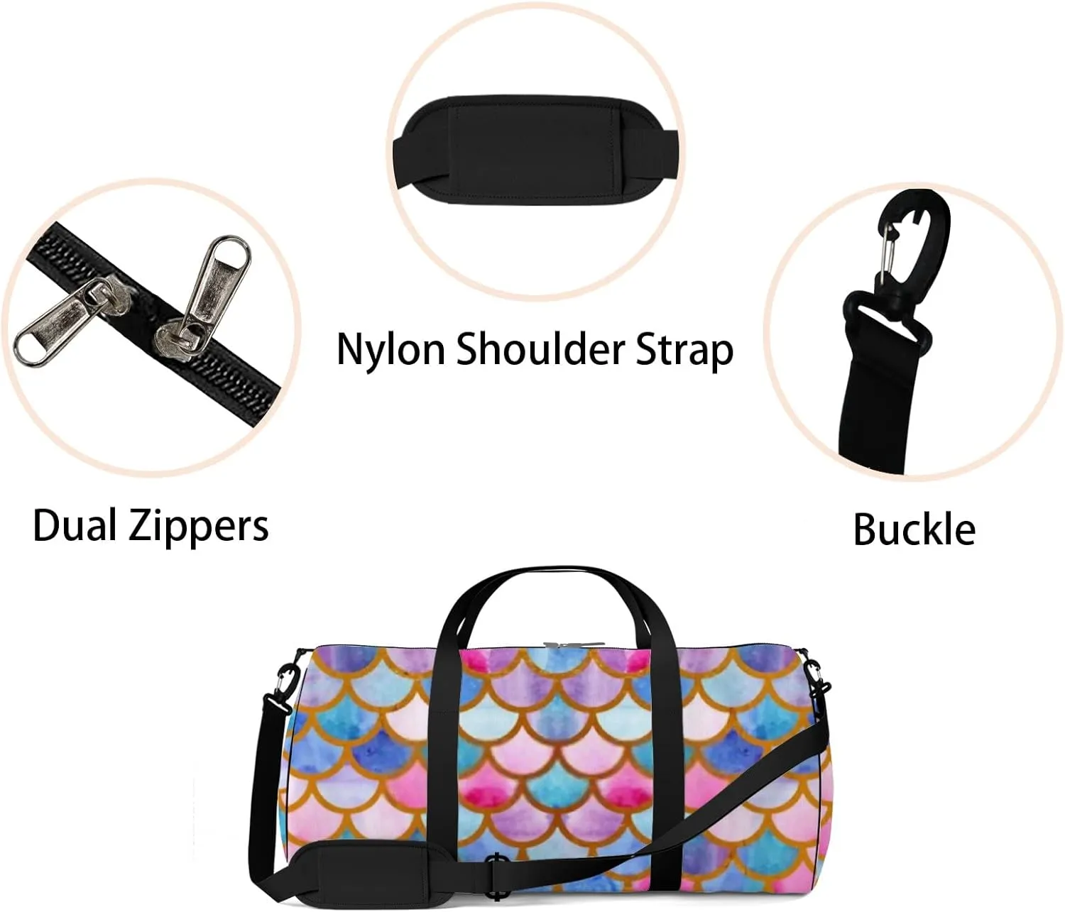 Cute Beautiful Rainbow Mermaid Scales Sports Bag Tote Bag Waterproof Gym Bag with Shoulder Strap Zipper 2 Side Pockets for Men and Women, Travel and Storage Shoulder Bag.