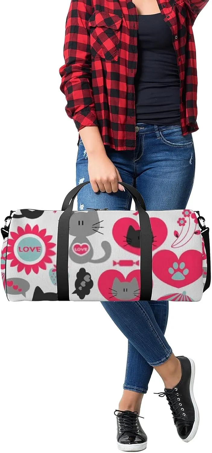 Cute Kawaii Animals 2 Cats in Love Set of Elements Sports Bag Tote Bag Waterproof Gym Bag with Shoulder Strap Zipper 2 Side Pockets for Men and Women, Travel and Storage Shoulder Bag.