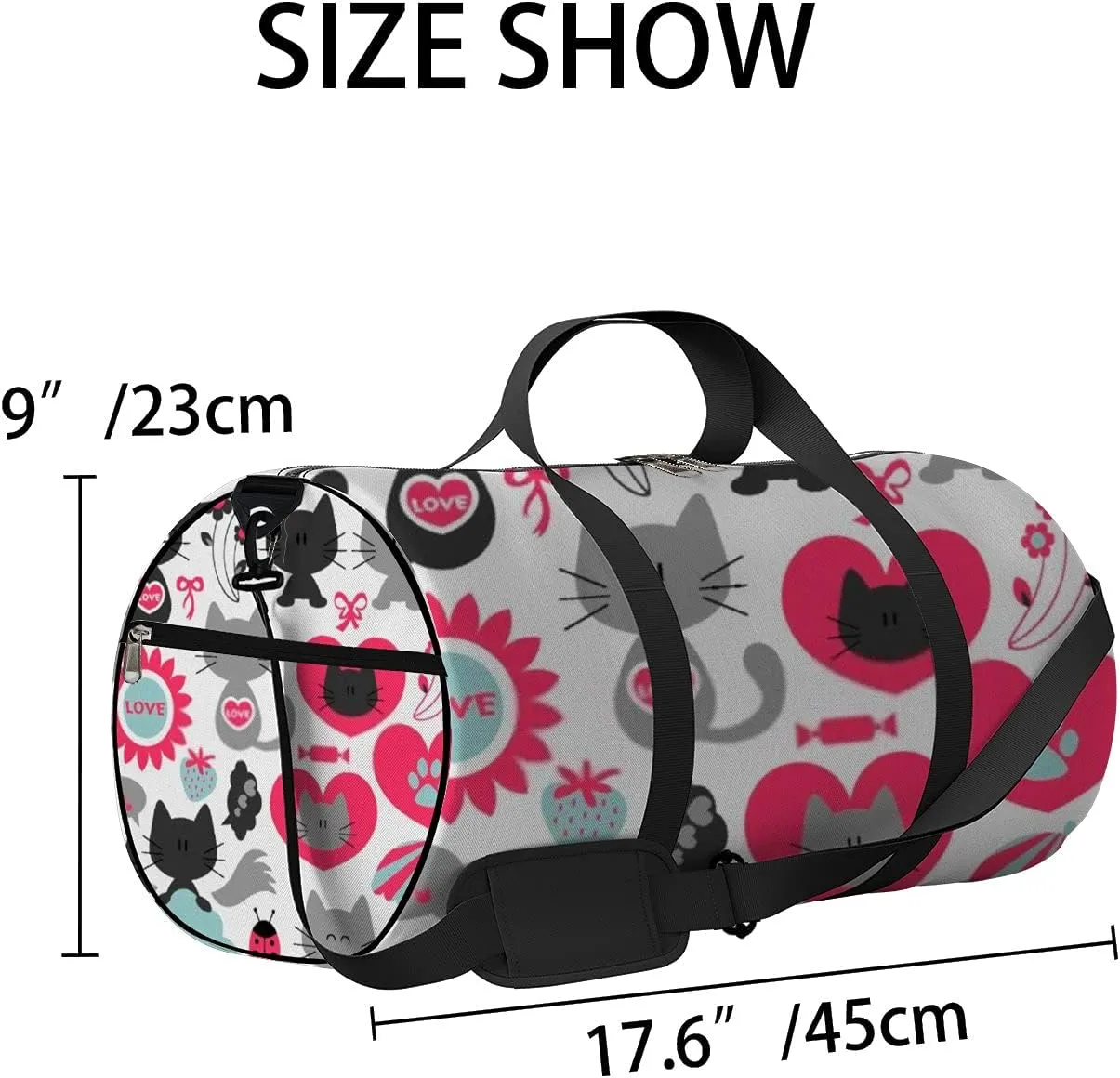 Cute Kawaii Animals 2 Cats in Love Set of Elements Sports Bag Tote Bag Waterproof Gym Bag with Shoulder Strap Zipper 2 Side Pockets for Men and Women, Travel and Storage Shoulder Bag.