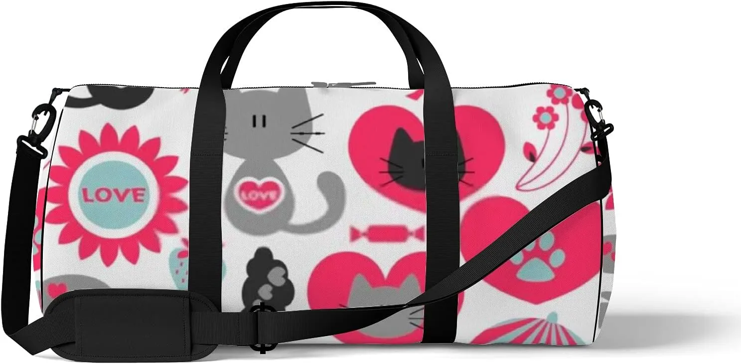 Cute Kawaii Animals 2 Cats in Love Set of Elements Sports Bag Tote Bag Waterproof Gym Bag with Shoulder Strap Zipper 2 Side Pockets for Men and Women, Travel and Storage Shoulder Bag.