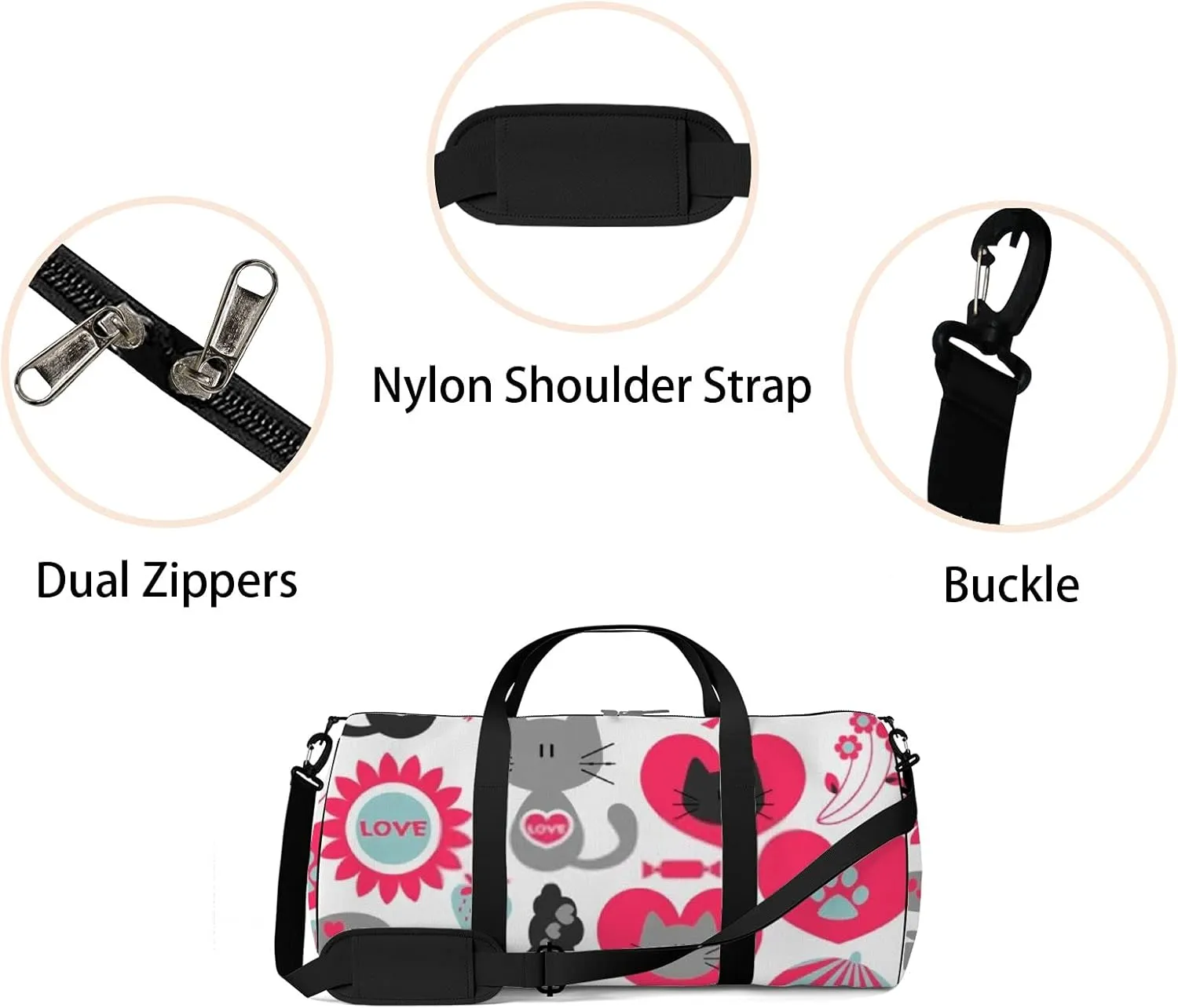 Cute Kawaii Animals 2 Cats in Love Set of Elements Sports Bag Tote Bag Waterproof Gym Bag with Shoulder Strap Zipper 2 Side Pockets for Men and Women, Travel and Storage Shoulder Bag.