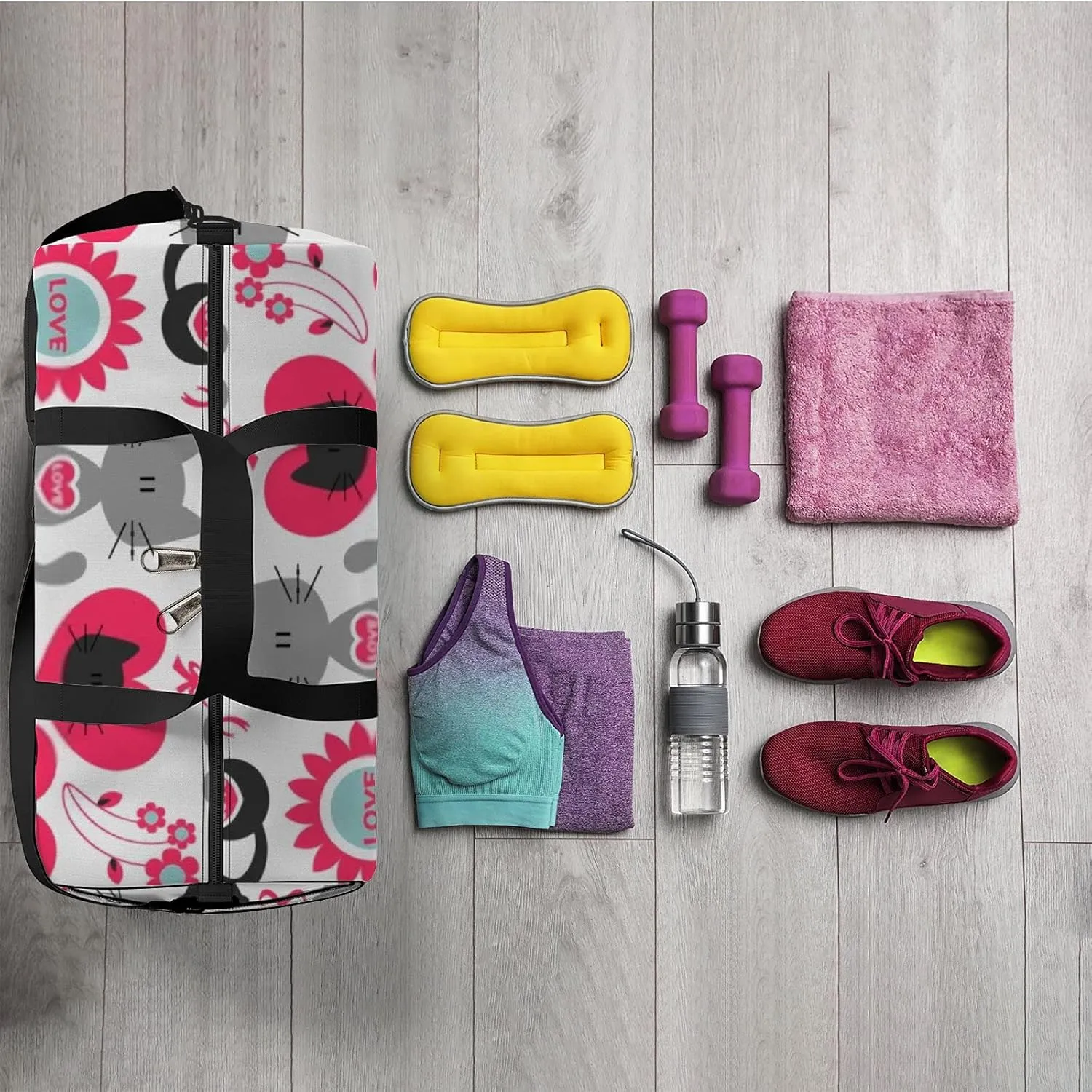 Cute Kawaii Animals 2 Cats in Love Set of Elements Sports Bag Tote Bag Waterproof Gym Bag with Shoulder Strap Zipper 2 Side Pockets for Men and Women, Travel and Storage Shoulder Bag.