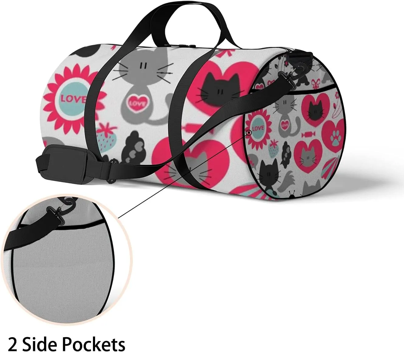 Cute Kawaii Animals 2 Cats in Love Set of Elements Sports Bag Tote Bag Waterproof Gym Bag with Shoulder Strap Zipper 2 Side Pockets for Men and Women, Travel and Storage Shoulder Bag.