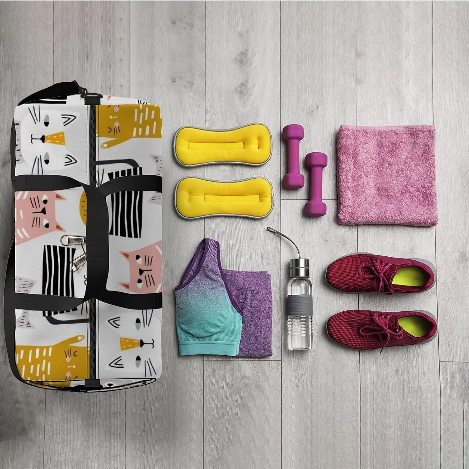 Cute Kawaii Colorful Cats Sports Bag Tote Bag Waterproof Gym Bag with Shoulder Strap Zipper 2 Side Pockets for Men and Women, Travel and Storage Shoulder Bag.
