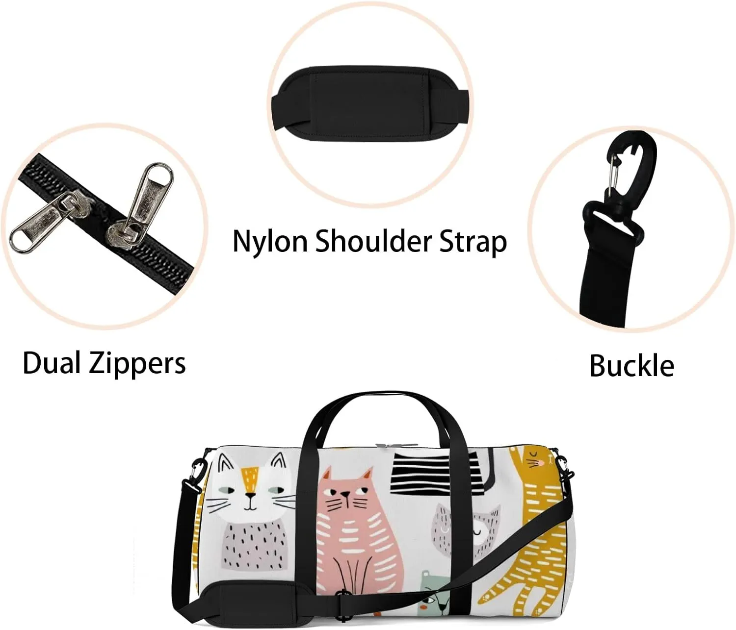 Cute Kawaii Colorful Cats Sports Bag Tote Bag Waterproof Gym Bag with Shoulder Strap Zipper 2 Side Pockets for Men and Women, Travel and Storage Shoulder Bag.