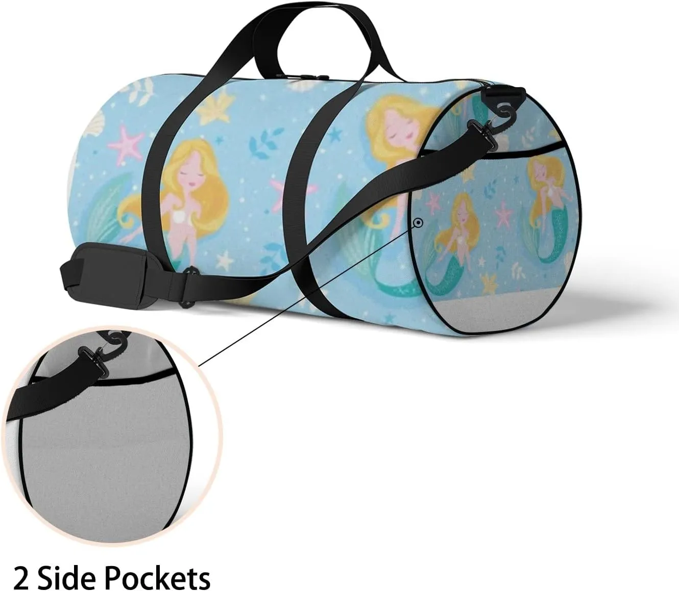 Cute Mermaid Pattern on Blue Background Kids Sports Bag Tote Bag Waterproof Gym Bag with Shoulder Strap Zipper 2 Side Pockets for Men and Women, Travel and Storage Shoulder Bag.