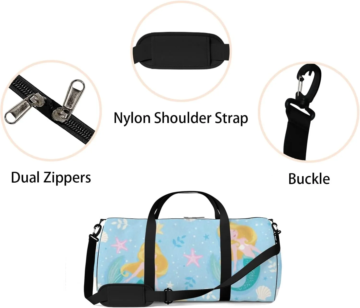 Cute Mermaid Pattern on Blue Background Kids Sports Bag Tote Bag Waterproof Gym Bag with Shoulder Strap Zipper 2 Side Pockets for Men and Women, Travel and Storage Shoulder Bag.