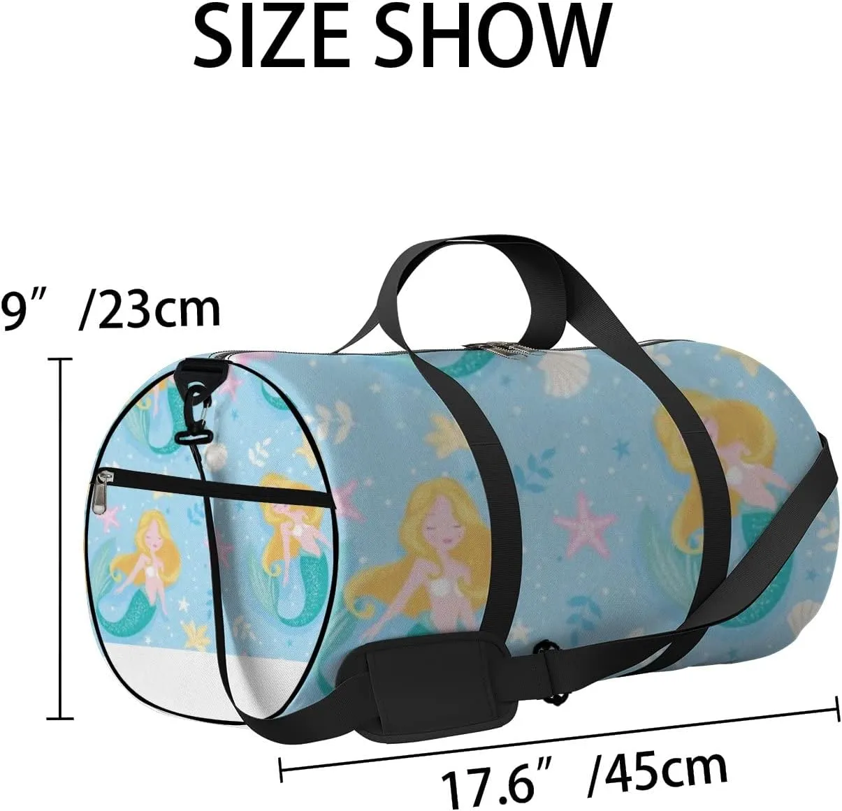 Cute Mermaid Pattern on Blue Background Kids Sports Bag Tote Bag Waterproof Gym Bag with Shoulder Strap Zipper 2 Side Pockets for Men and Women, Travel and Storage Shoulder Bag.