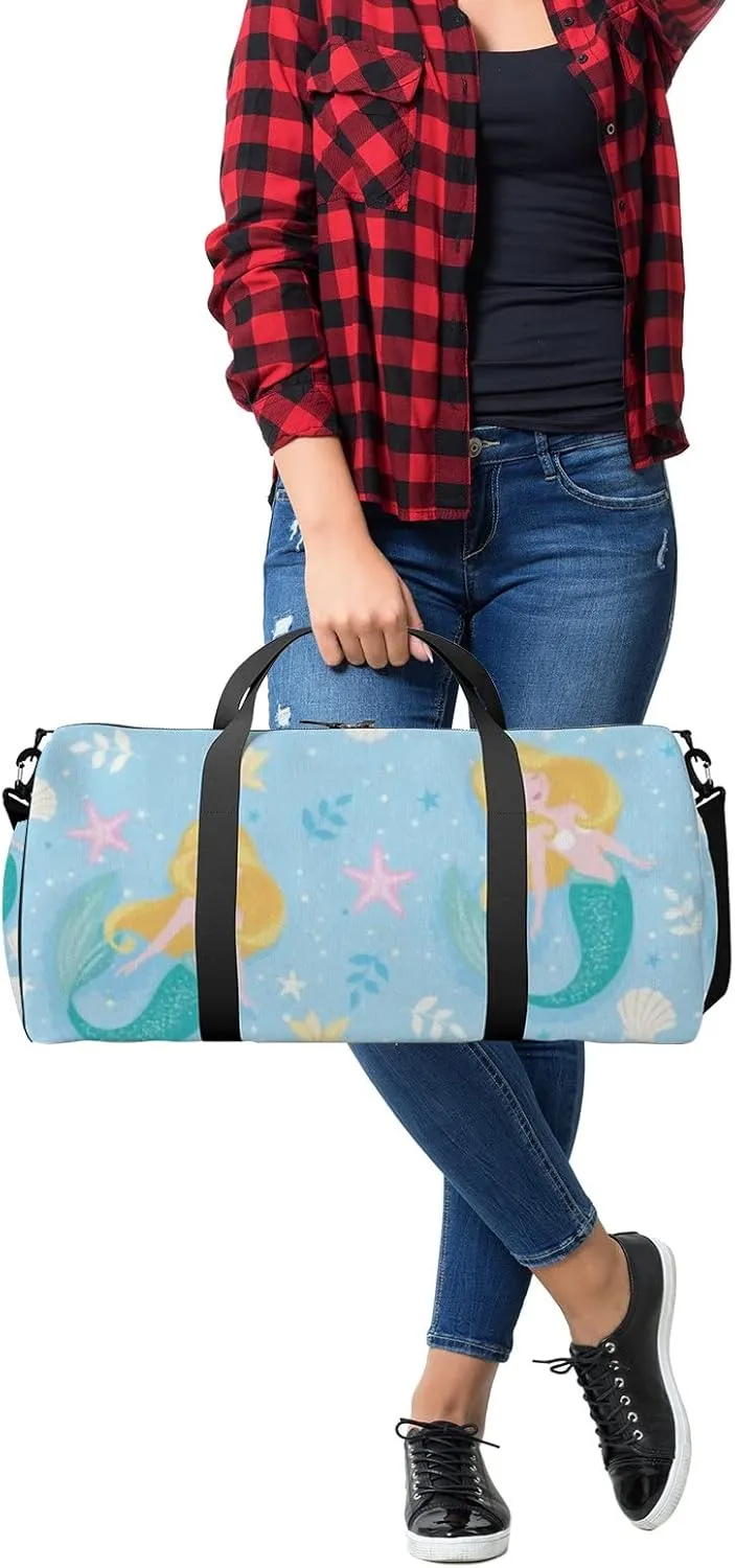 Cute Mermaid Pattern on Blue Background Kids Sports Bag Tote Bag Waterproof Gym Bag with Shoulder Strap Zipper 2 Side Pockets for Men and Women, Travel and Storage Shoulder Bag.