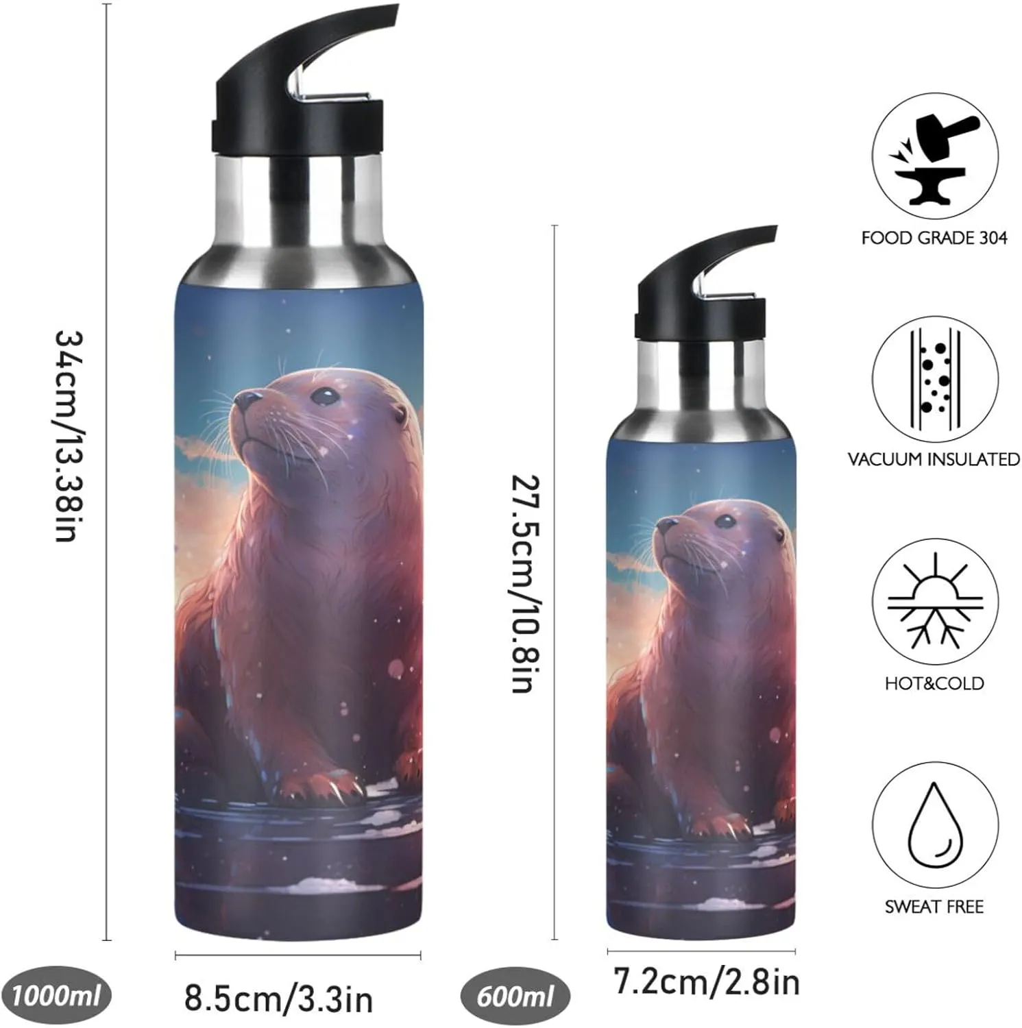 Cute Sea Lion Sport Water Bottle Insulated Stainless Steel Large Vacuum Flask Leak Proof Thermos with Straw for Travel(600ml/1000ml)