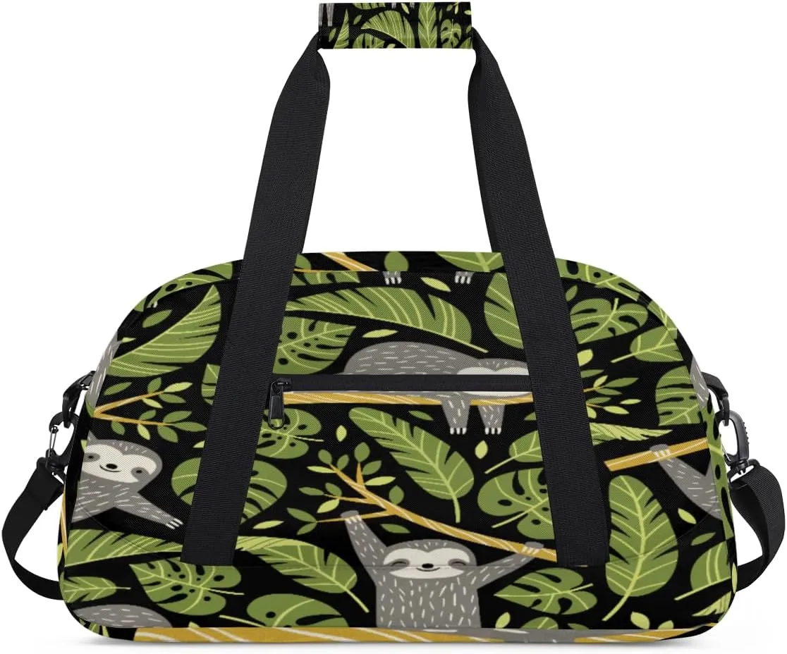 Cute Sloth Gym Duffel Bag for Men Women Palm Leaves Sports Tote Bag with Adjustable Shoulder Strap for Dance Gymnastics Traveling Outdoor Camping Overnight Stay