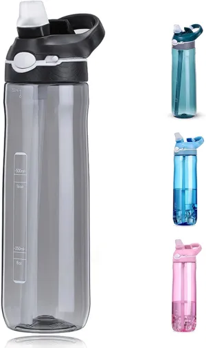 DEARART 24oz Water Bottles With Straw, 100% Leakproof BPA FREE Hidden Nozzle, Flip Up Lid Clear Water Bottle With Handle, Wide Bottle Easy Clear, Suit Office Sports Travel Gym Yoga, Black