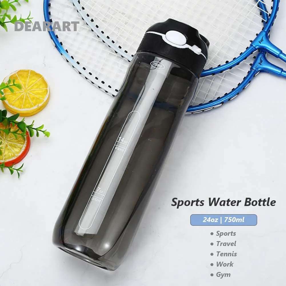 DEARART 24oz Water Bottles With Straw, 100% Leakproof BPA FREE Hidden Nozzle, Flip Up Lid Clear Water Bottle With Handle, Wide Bottle Easy Clear, Suit Office Sports Travel Gym Yoga, Black