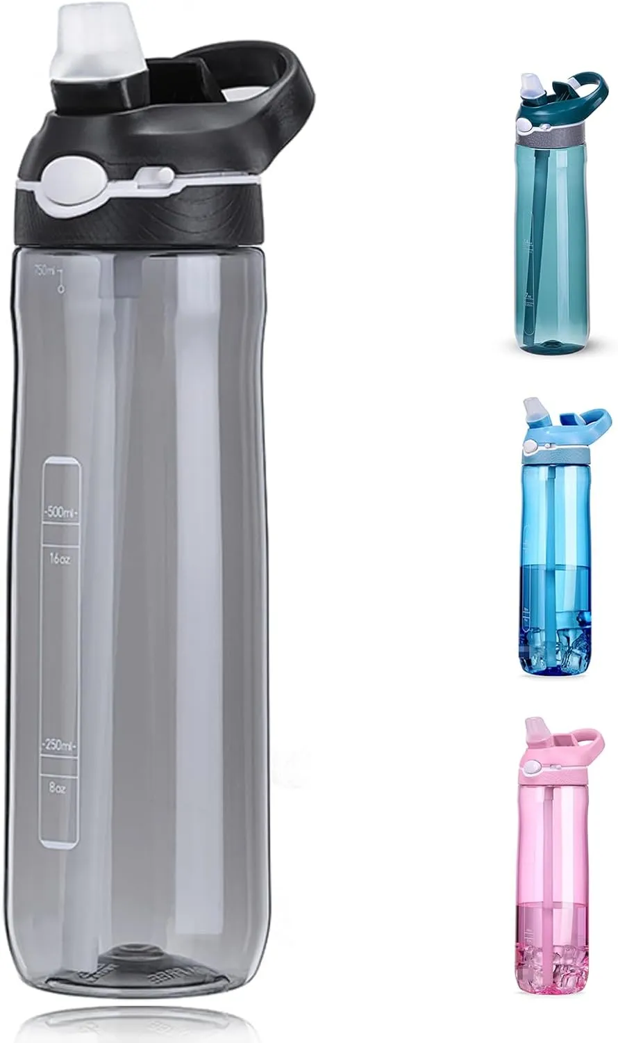 DEARART 24oz Water Bottles With Straw, 100% Leakproof BPA FREE Hidden Nozzle, Flip Up Lid Clear Water Bottle With Handle, Wide Bottle Easy Clear, Suit Office Sports Travel Gym Yoga, Black