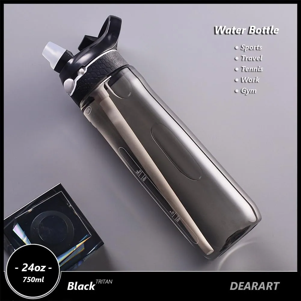 DEARART 24oz Water Bottles With Straw, 100% Leakproof BPA FREE Hidden Nozzle, Flip Up Lid Clear Water Bottle With Handle, Wide Bottle Easy Clear, Suit Office Sports Travel Gym Yoga, Black