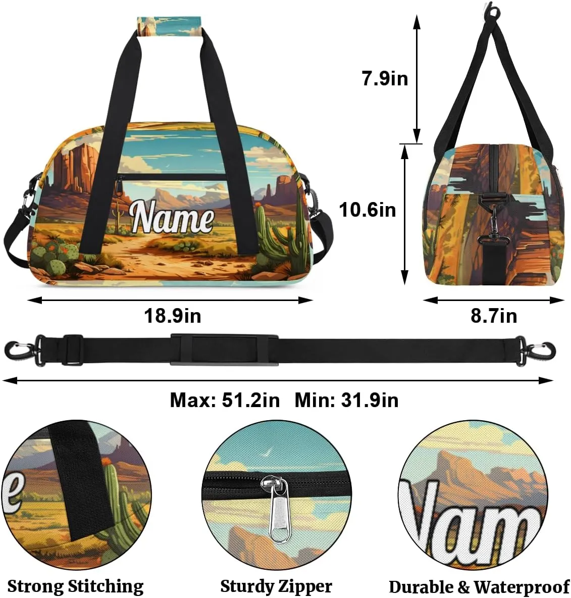 Desert in Bloom Cactus Custom Sports Gym Bag Personalized Dance Bag Teens Travel Weekender Overnight Carry On Bag Boys Girls Waterproof