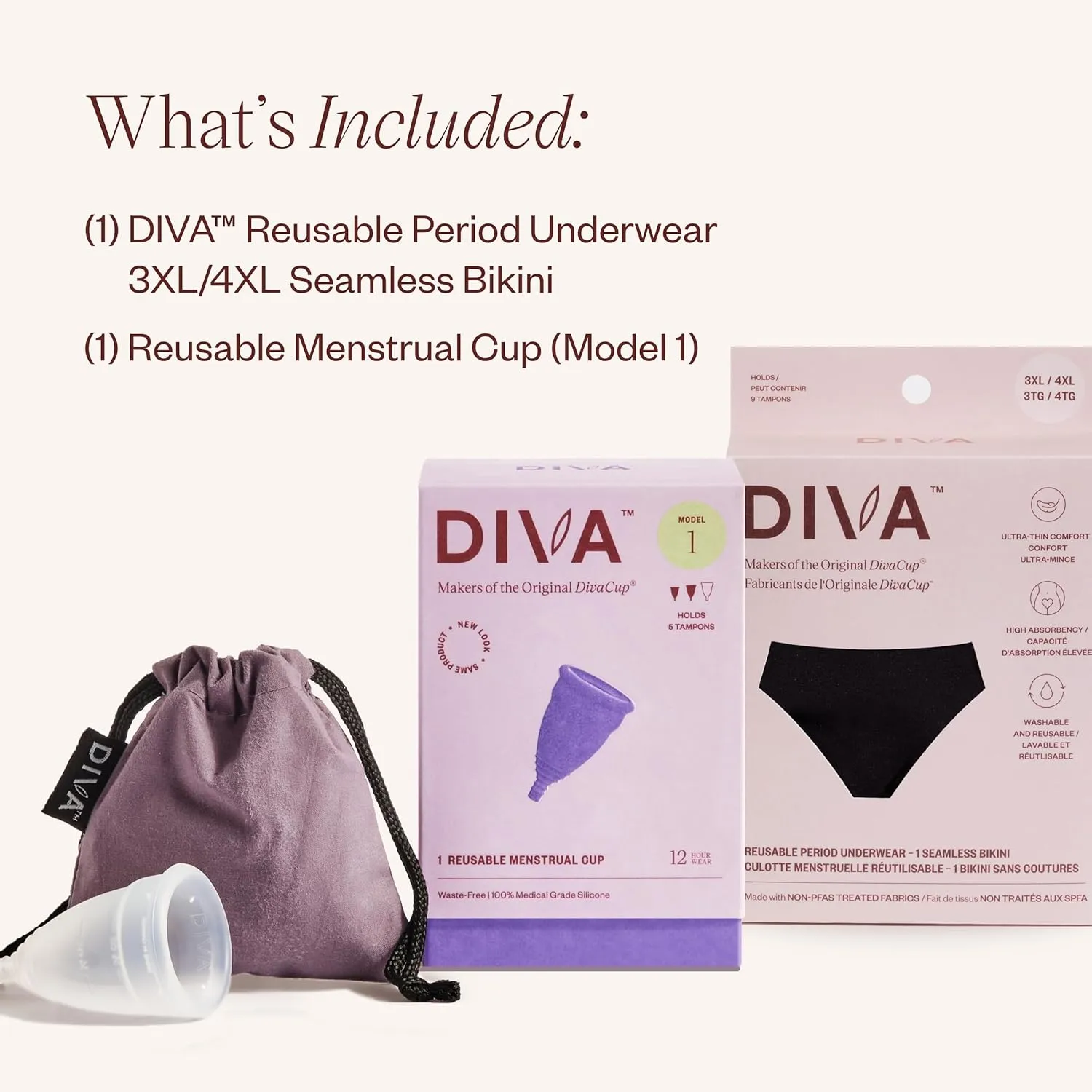 DIVA Reusable Period Underwear Cup Model 1 - Menstrual Underwear - Medical Grade Period Cup - Bikini, Black