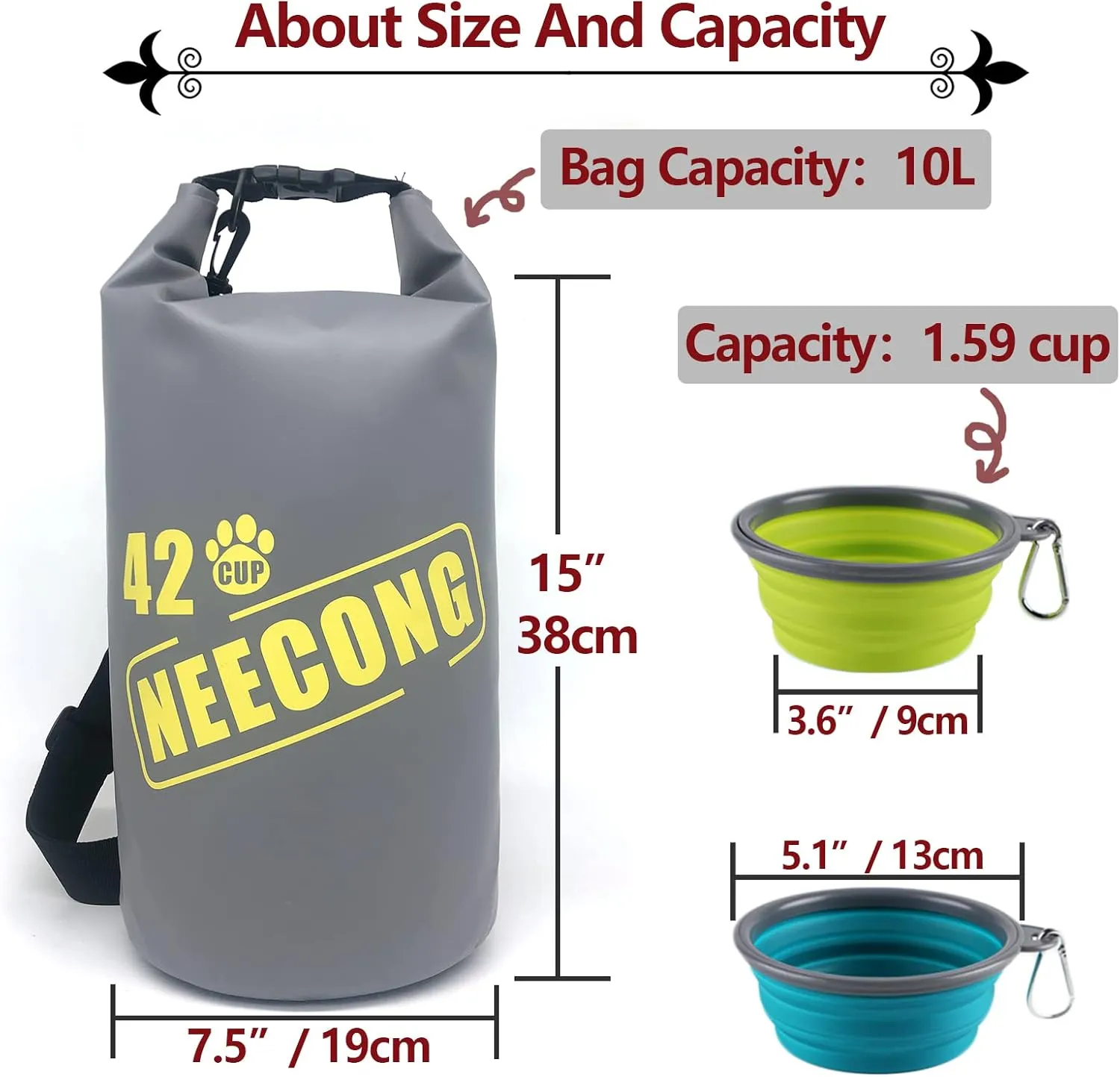 Dog Food Travel Bag With Collapsible Bowls, 42 Cup Storage System for Camping and Everyday - 10L Dry Food Bag