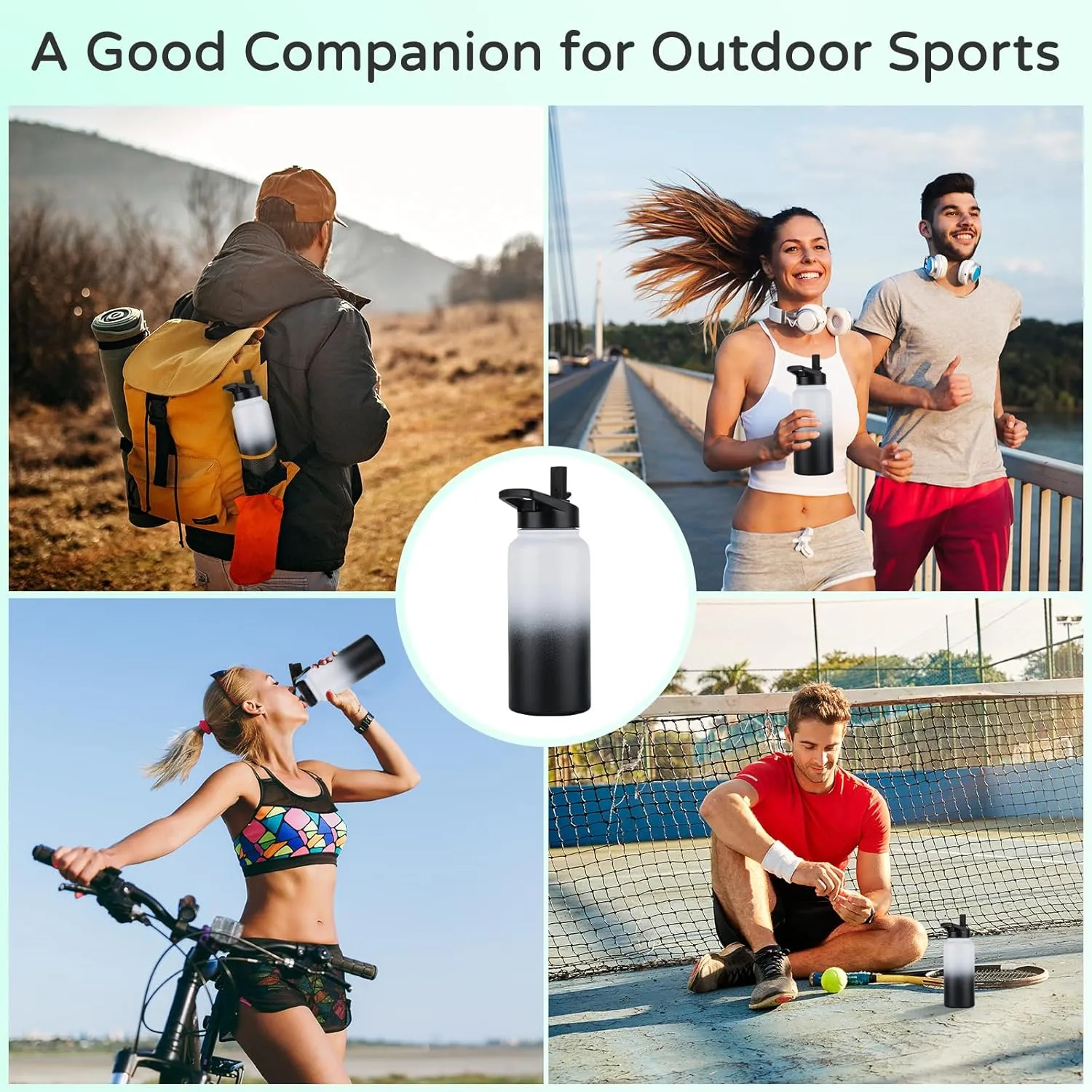 DOMICARE 32 oz Insulated Water Bottle Bulk, Vacuum Insulated Stainless Steel Sports Water Bottle with Straw Lid & Spout Lid, Leakproof, Reusable - Travel, Camping, Bike, Black White Gradient (4 Pack)