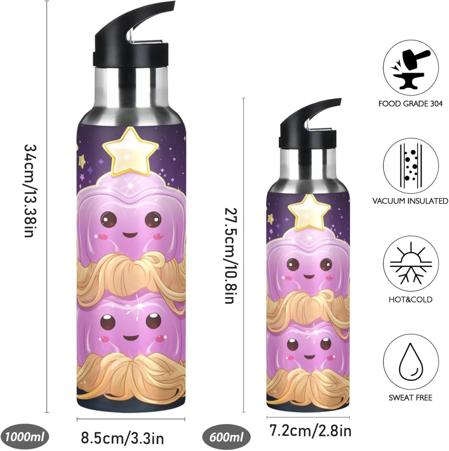 Doodle Art Cute Jellyfish Sport Water Bottle Insulated Stainless Steel Large Vacuum Flask Leak Proof Thermos with Straw for Travel(600ml/1000ml)