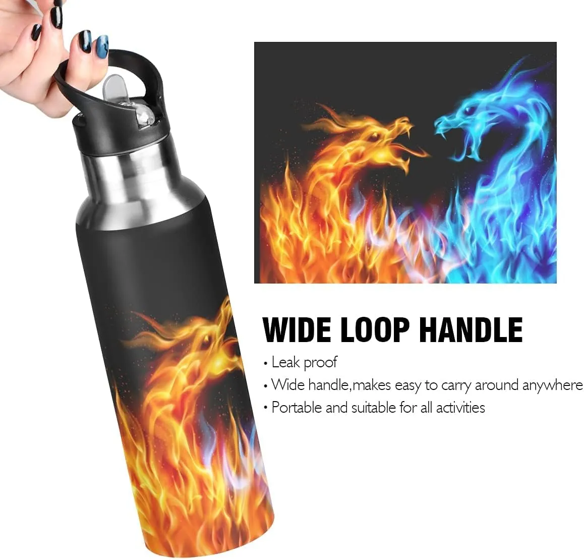 Dragon Water Bottle Kids Fire Dragon Bottle with Straw Lid for Boys Leakproof Insulated Stainless Steel Water Flask School Bottle 20 oz