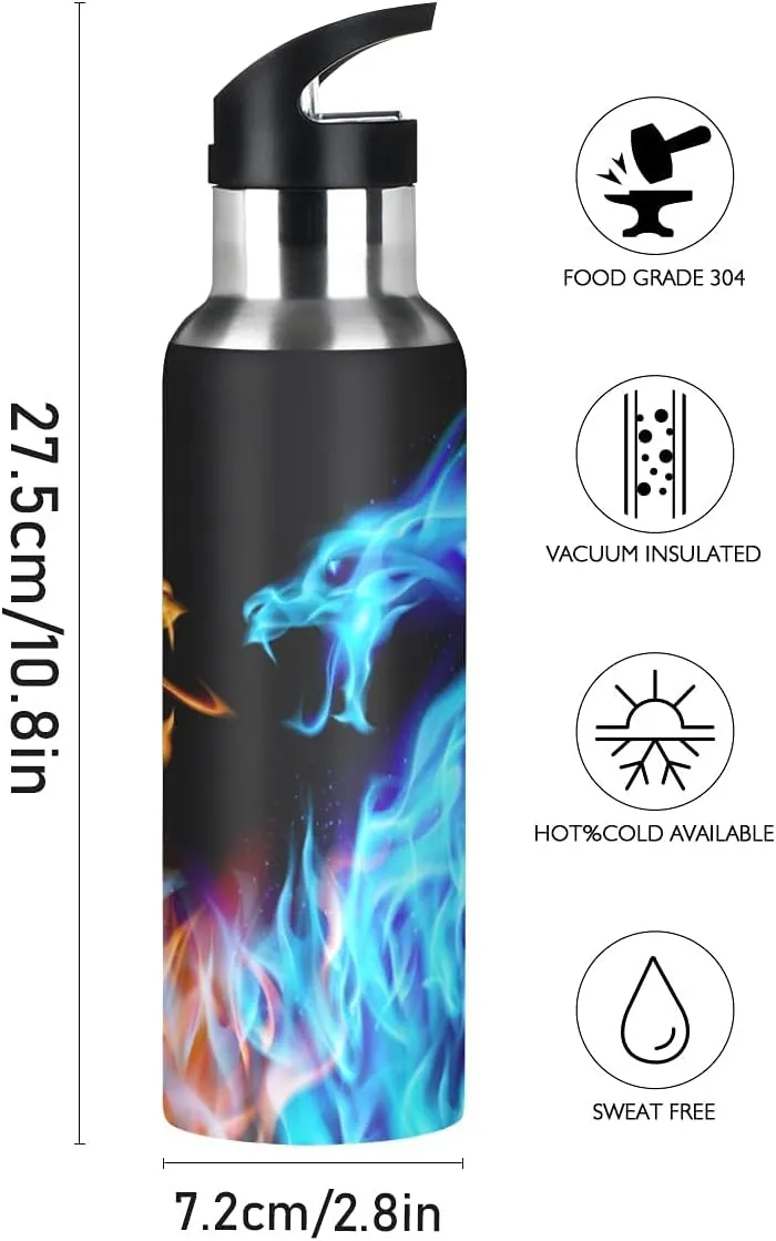 Dragon Water Bottle Kids Fire Dragon Bottle with Straw Lid for Boys Leakproof Insulated Stainless Steel Water Flask School Bottle 20 oz