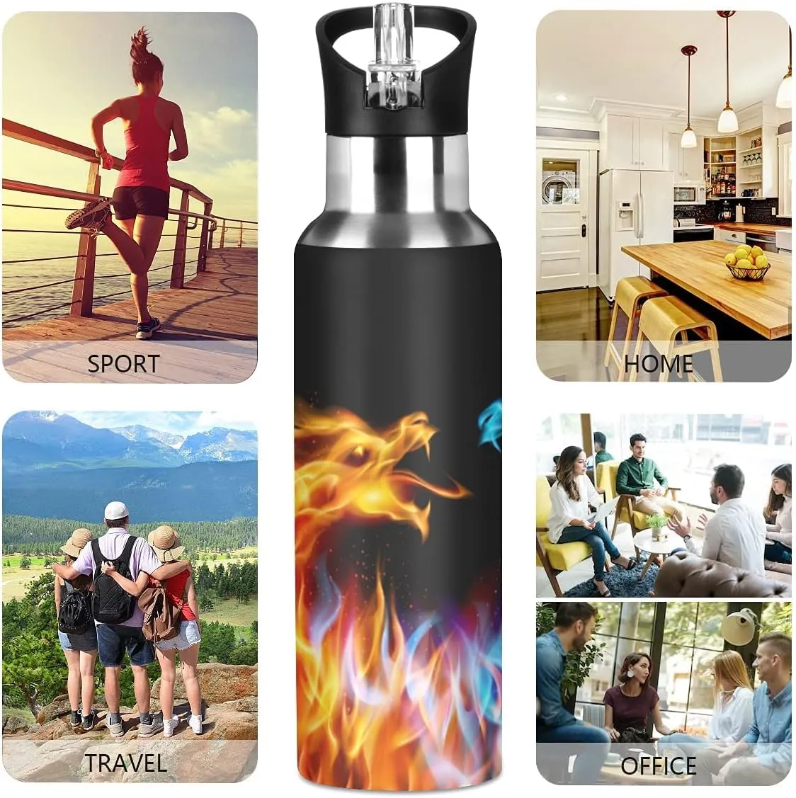 Dragon Water Bottle Kids Fire Dragon Bottle with Straw Lid for Boys Leakproof Insulated Stainless Steel Water Flask School Bottle 20 oz
