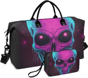 Duffel Bag for Traveling, Alien Skull Purple Black Travel Bag Gym Bag, with Multiple Interior Pockets Shoulder Weekender Bag for Women Men with Toiletry Bag 20.5L x 1.9W x 13.8H