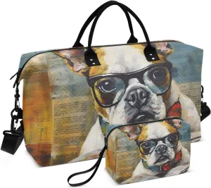 Duffel Bag Set with Toiletry Bag for Travel Gym Sport, Luggage Sleeve Weekender Bag Carry on Overnight Bag-Dog and Newspaper Print