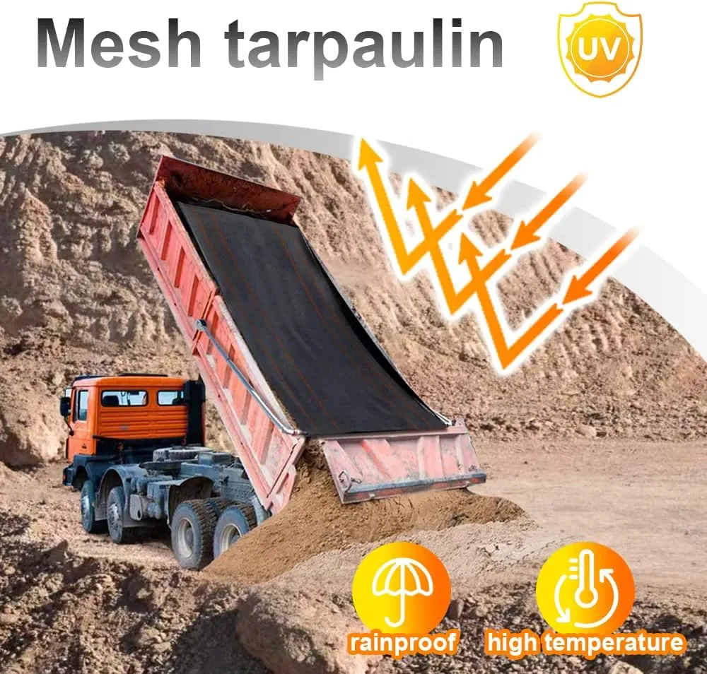 Dump Truck Mesh Tarp Tentproinc Heavy Duty Cover with 6'' Pocket Reinforced Double Needle Stitch Webbing Ripping Tearing Stop, No Rust Thicker Brass Grommets (Black, 7x18Feet)