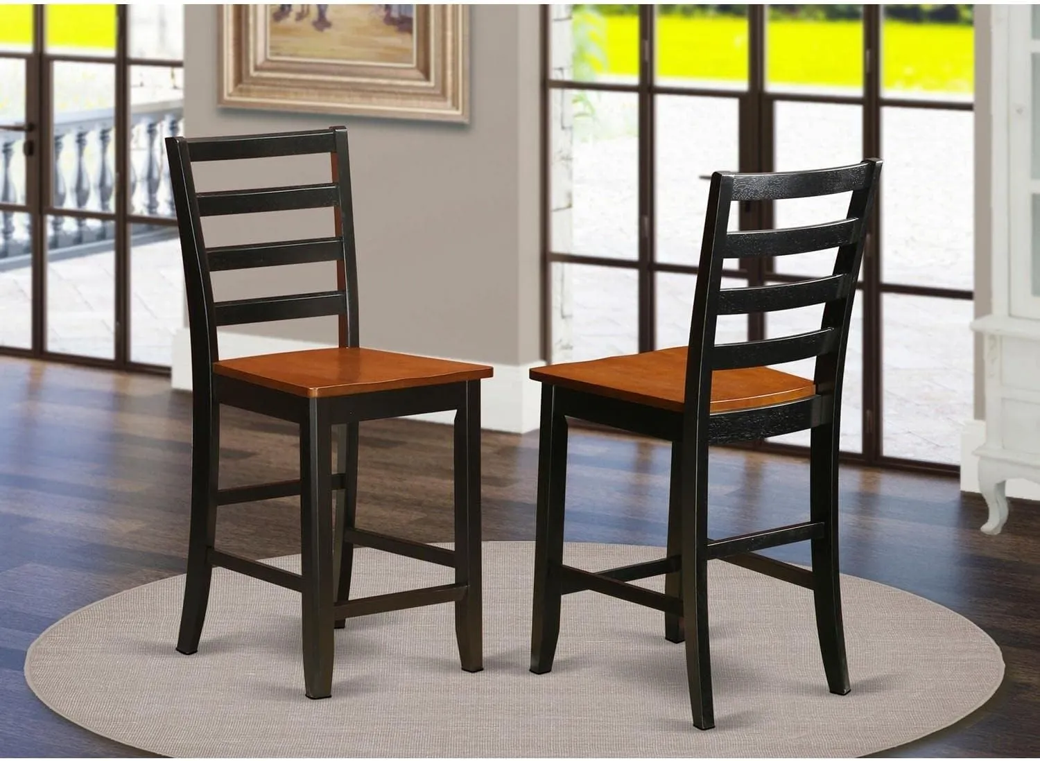 East West Furniture FAS-BLK-W Fairwind Counter Height Barstools - Ladder Back Wood Seat Chairs, Set of 2, Black & Cherry
