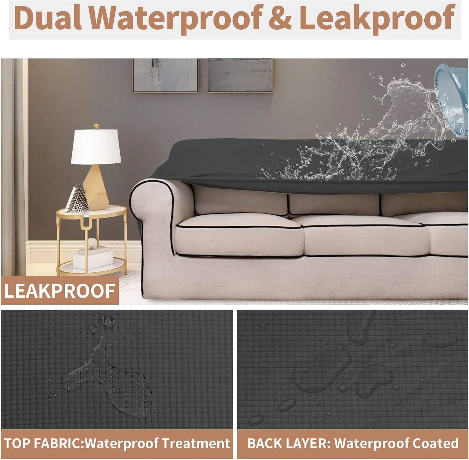 Easy-Going 100% Waterproof Couch Cover, Dual Sofa Stretch Jacquard Slipcover, Leakproof Furniture Protector for Kids, Pets, Dog and Cat (Sofa, Dark Gray)