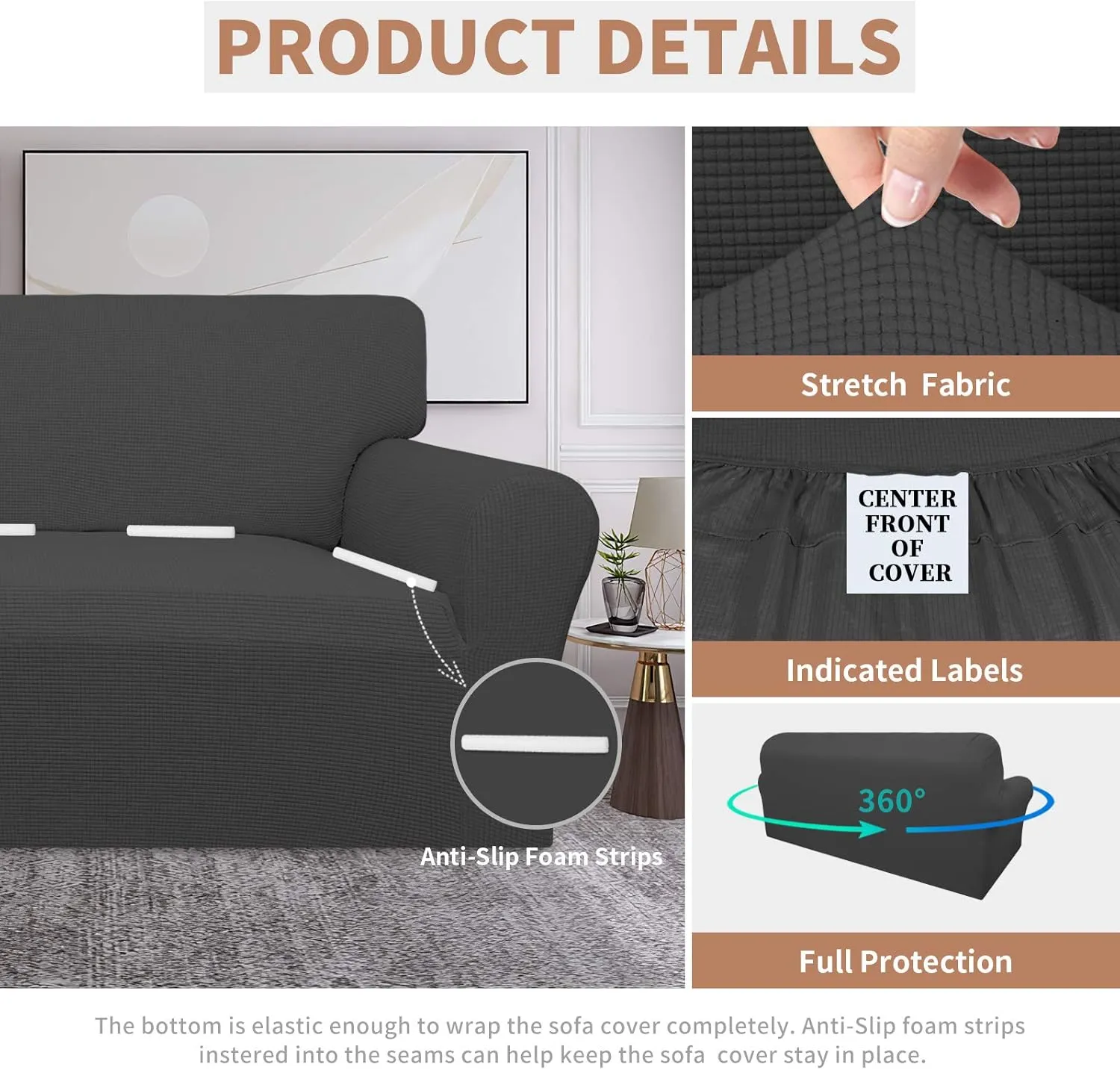 Easy-Going 100% Waterproof Couch Cover, Dual Sofa Stretch Jacquard Slipcover, Leakproof Furniture Protector for Kids, Pets, Dog and Cat (Sofa, Dark Gray)