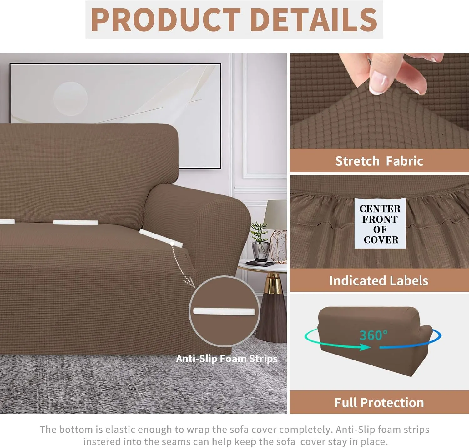 Easy-Going 100% Waterproof Couch Cover, Dual Waterproof Sofa Cover, Stretch Jacquard Sofa Slipcover, Leakproof Furniture Protector for Kids, Pets, Dog and Cat (Sofa, Brown)