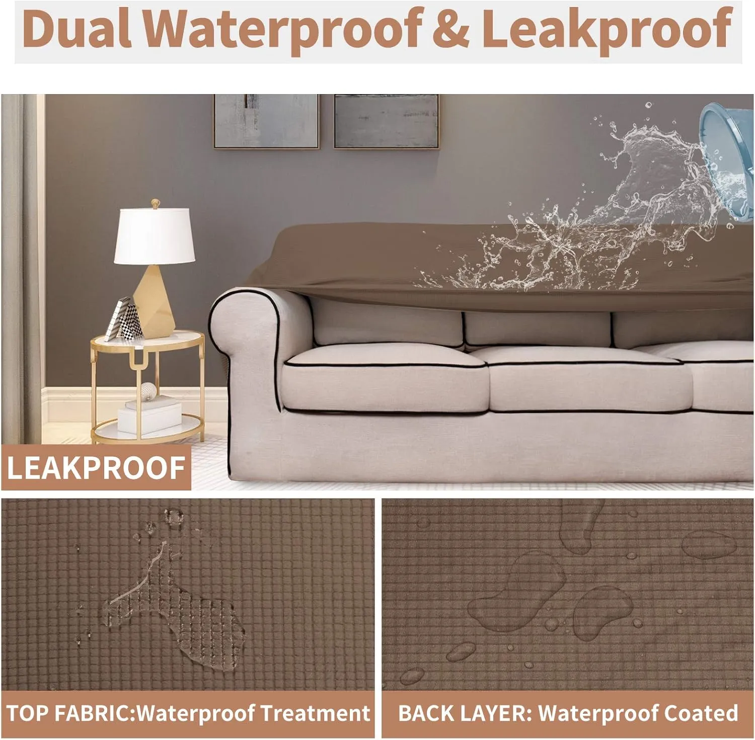 Easy-Going 100% Waterproof Couch Cover, Dual Waterproof Sofa Cover, Stretch Jacquard Sofa Slipcover, Leakproof Furniture Protector for Kids, Pets, Dog and Cat (Sofa, Brown)