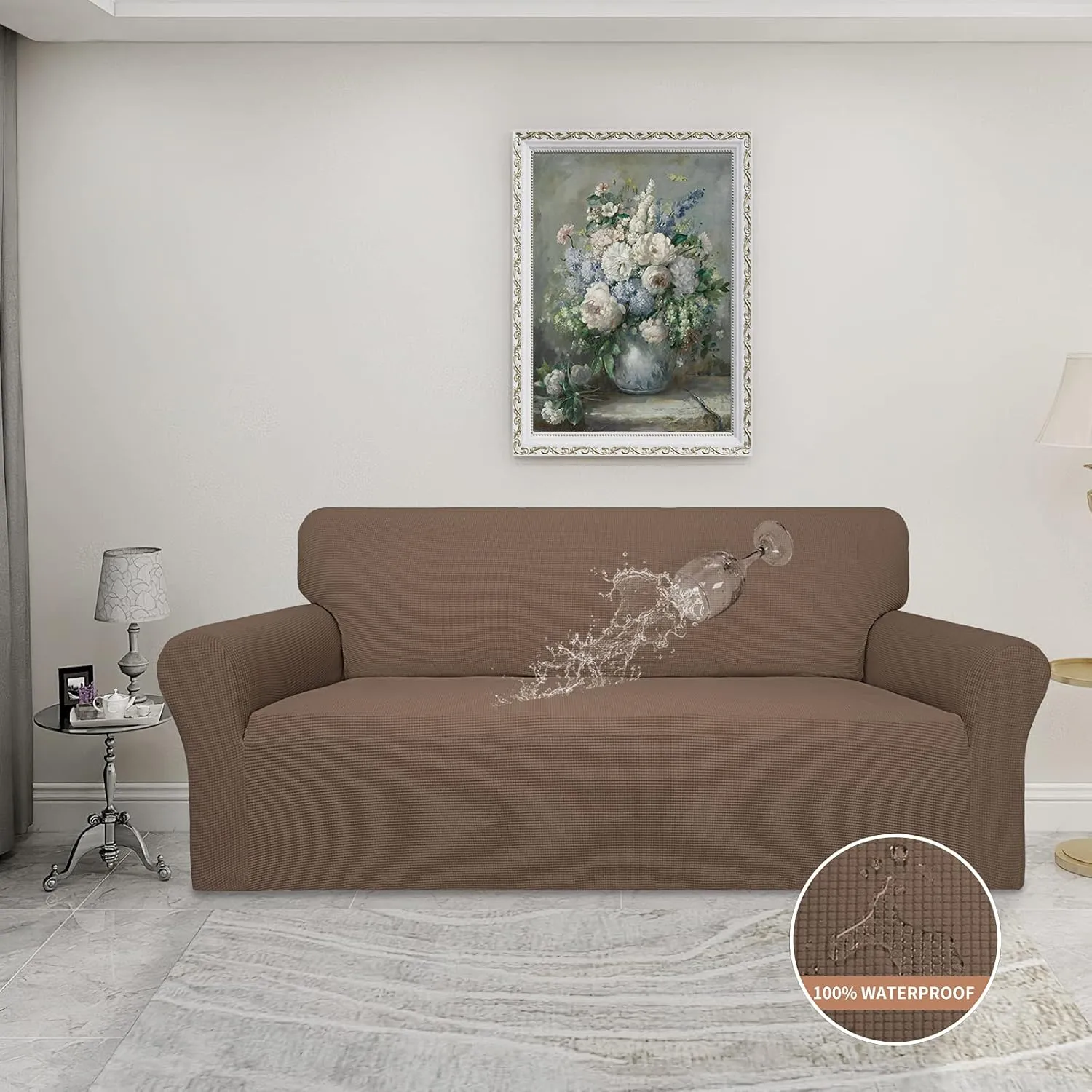 Easy-Going 100% Waterproof Couch Cover, Dual Waterproof Sofa Cover, Stretch Jacquard Sofa Slipcover, Leakproof Furniture Protector for Kids, Pets, Dog and Cat (Sofa, Brown)