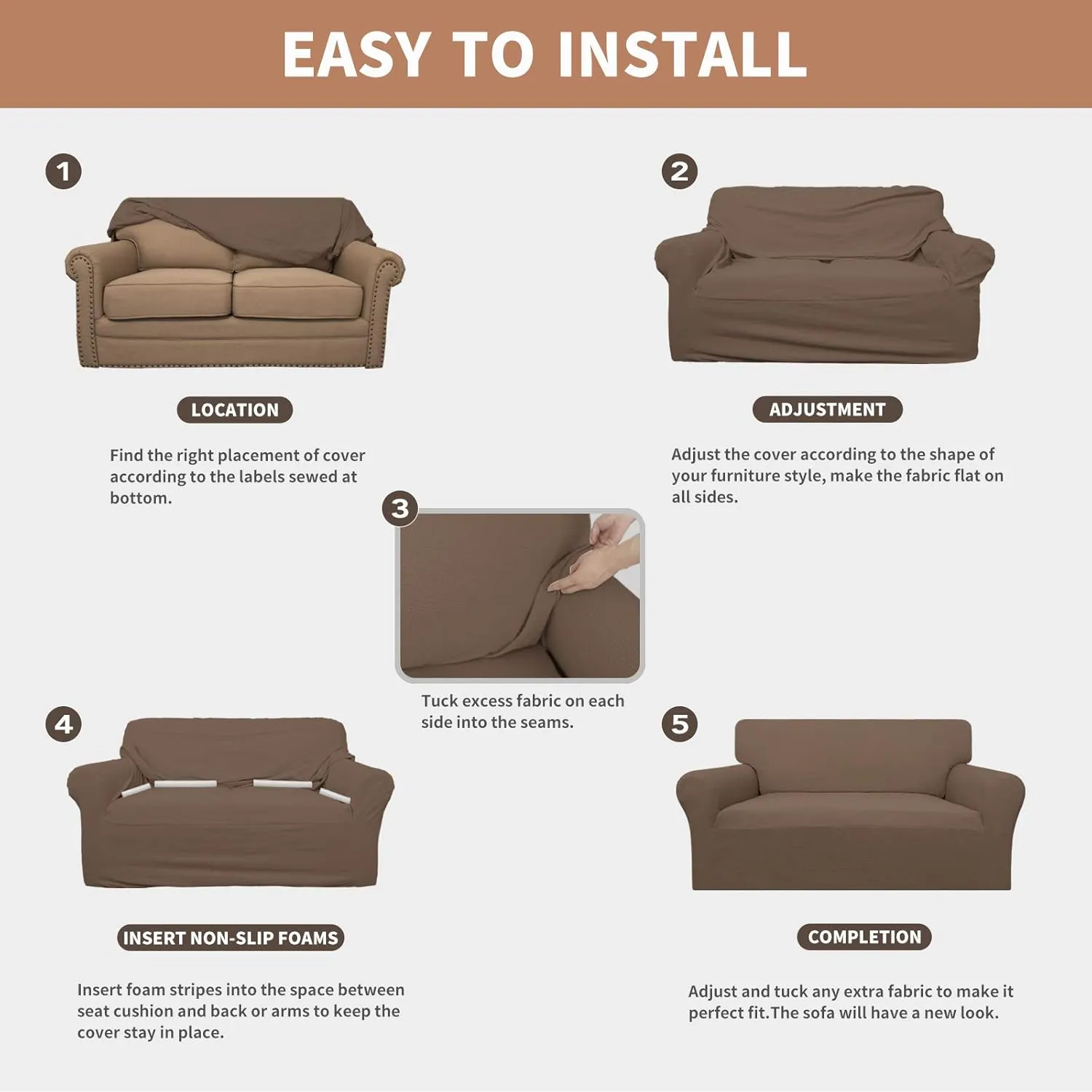 Easy-Going 100% Waterproof Couch Cover, Dual Waterproof Sofa Cover, Stretch Jacquard Sofa Slipcover, Leakproof Furniture Protector for Kids, Pets, Dog and Cat (Sofa, Brown)