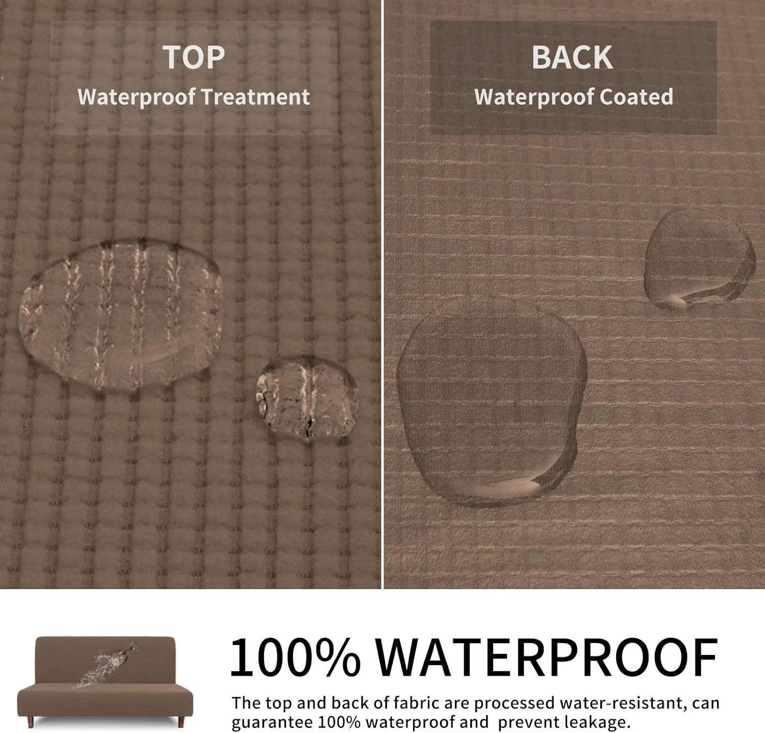 Easy-Going 100% Waterproof Futon Cover, Dual Waterproof Couch Cover, Stretch Jacquard Armless Sofa Cover, Leakproof Furniture Protector for Kids, Pets, Dog and Cat (Brown)