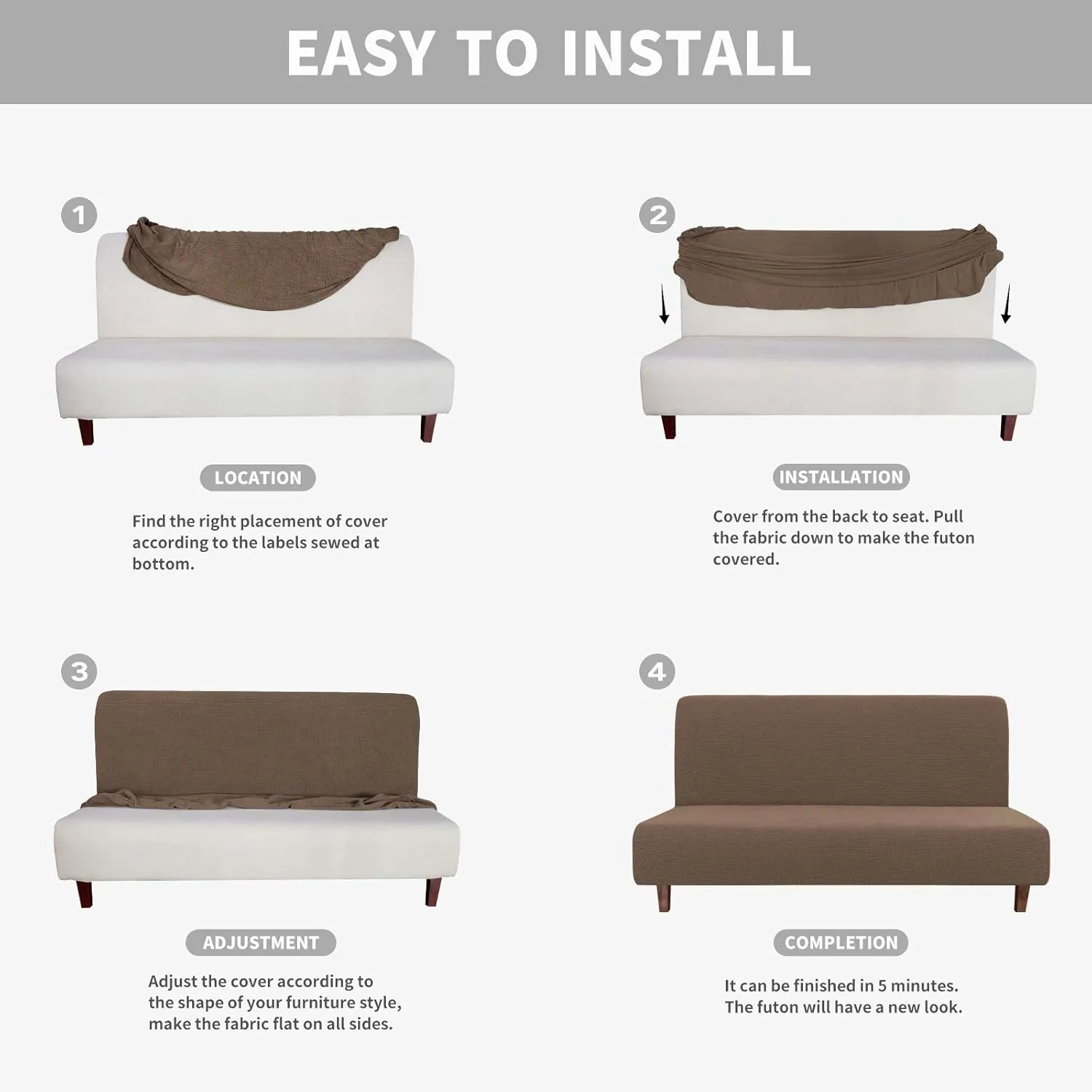 Easy-Going 100% Waterproof Futon Cover, Dual Waterproof Couch Cover, Stretch Jacquard Armless Sofa Cover, Leakproof Furniture Protector for Kids, Pets, Dog and Cat (Brown)