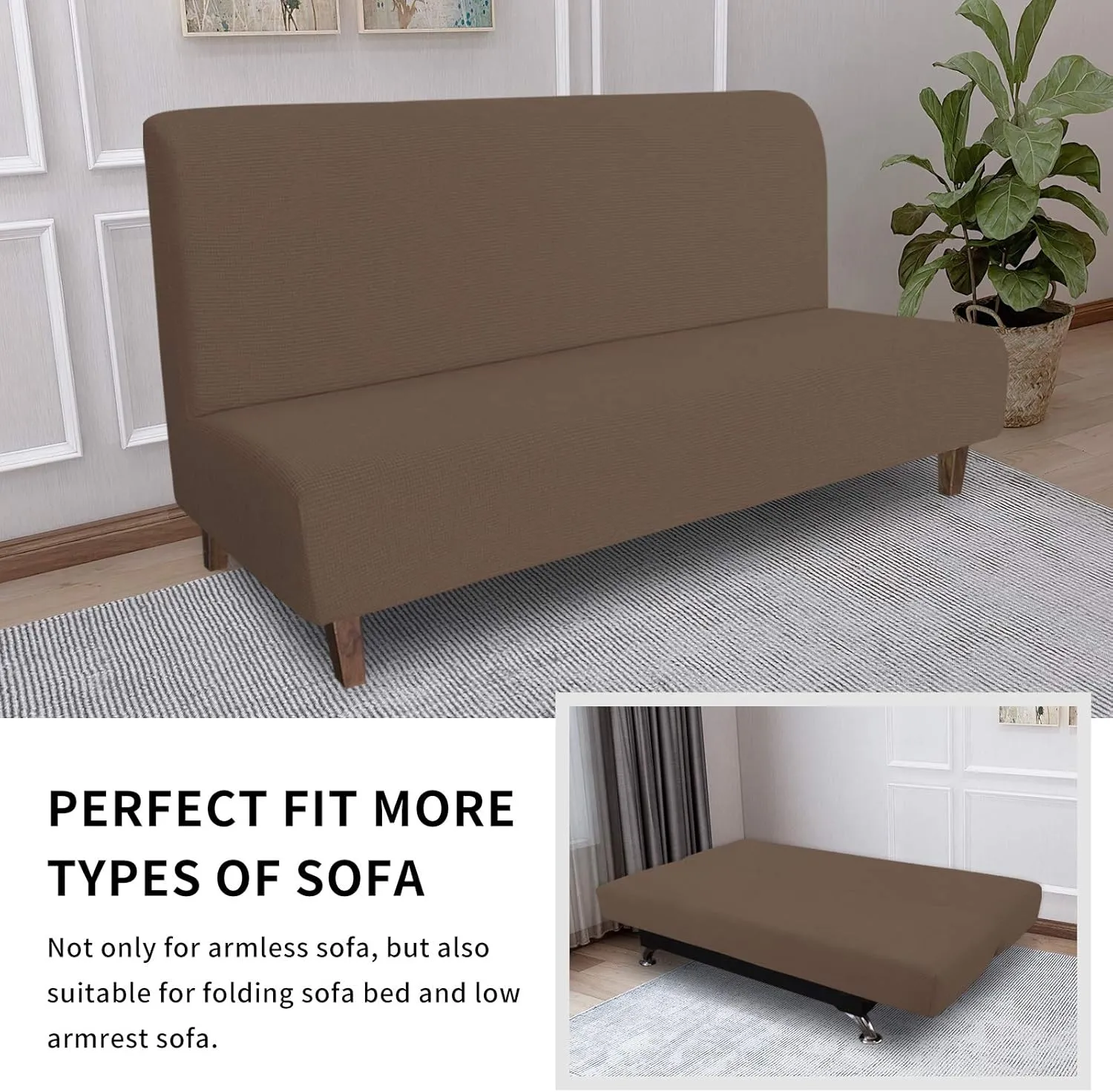 Easy-Going 100% Waterproof Futon Cover, Dual Waterproof Couch Cover, Stretch Jacquard Armless Sofa Cover, Leakproof Furniture Protector for Kids, Pets, Dog and Cat (Brown)