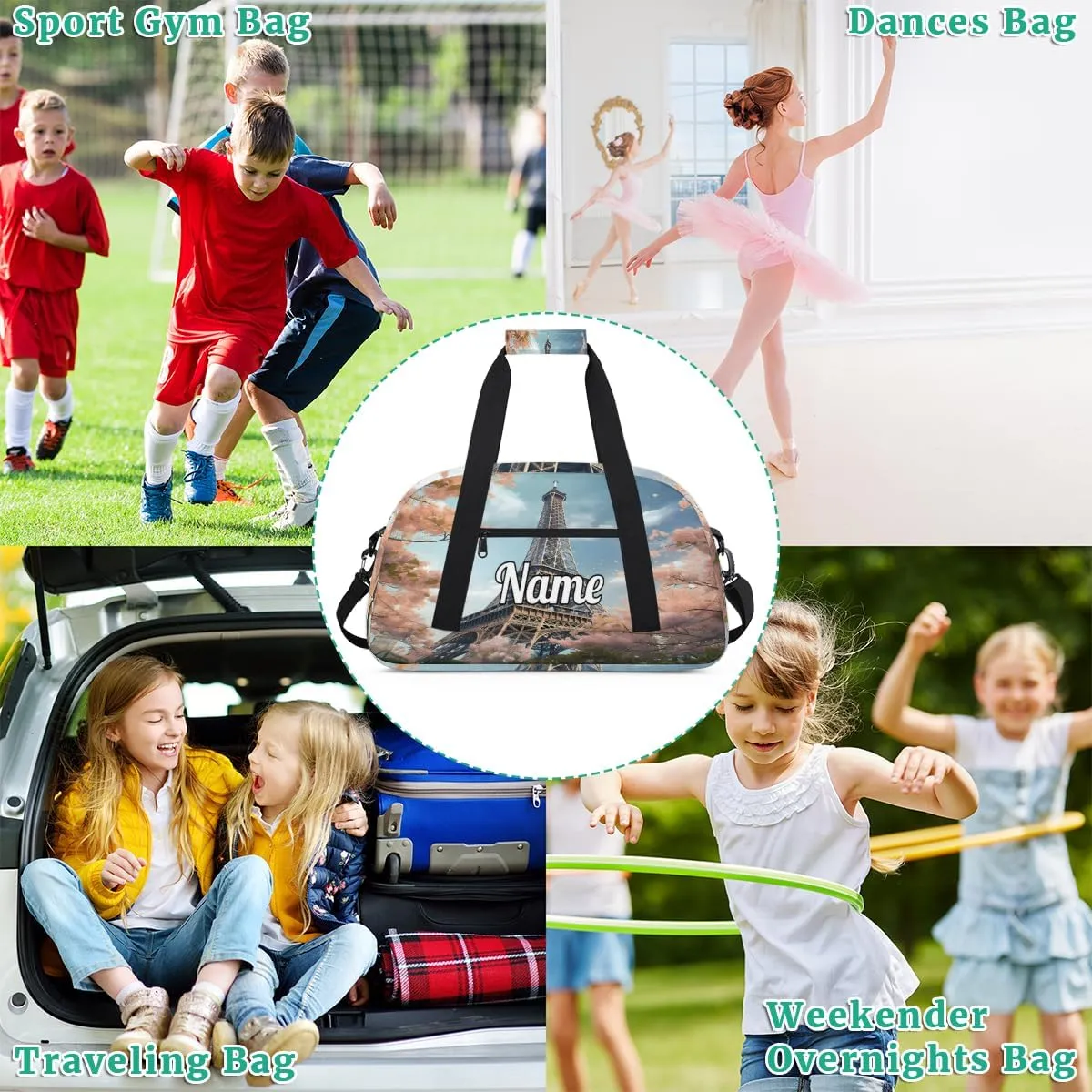Eiffel Tower Custom Name Sport Duffel Bag Dance Bag for Girls Teens Personalized Ballet Bag Gift for Birthday Christmas Helloween