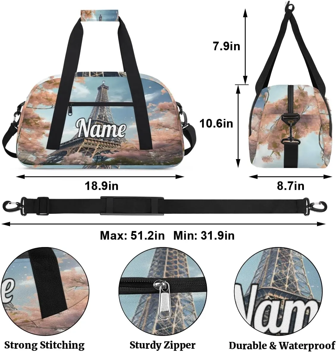 Eiffel Tower Custom Name Sport Duffel Bag Dance Bag for Girls Teens Personalized Ballet Bag Gift for Birthday Christmas Helloween