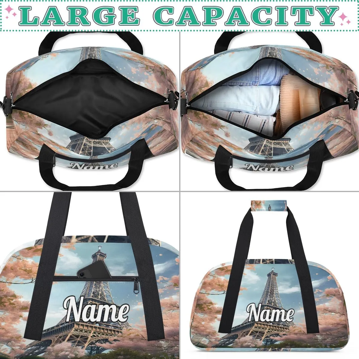 Eiffel Tower Custom Name Sport Duffel Bag Dance Bag for Girls Teens Personalized Ballet Bag Gift for Birthday Christmas Helloween