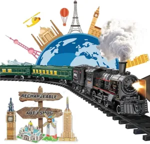 Electric Train Sets for Boys Girls Metal Alloy Christmas Trains Toys Steam Locomotive, Passenger Carriages, Tracks, Light & Sounds Rechargeable Birthday Gifts for Kids 3 4 5 6 7 8   Years Old Green …